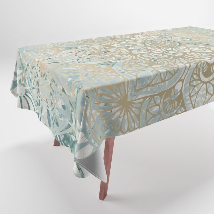 Mandala Flower, Teal and Gold, Floral Prints Tablecloth Gallery Image 1