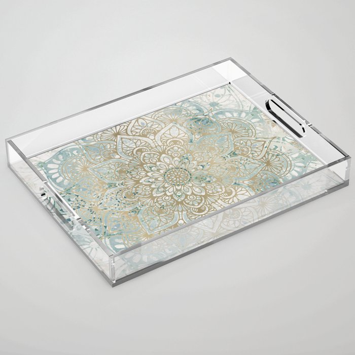 Mandala Flower, Teal and Gold, Floral Prints Acrylic Tray Gallery Image 1