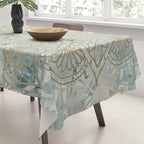 Mandala Flower, Teal and Gold, Floral Prints Tablecloth Gallery Image 3