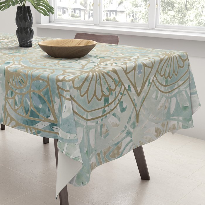 Mandala Flower, Teal and Gold, Floral Prints Tablecloth Gallery Image 3