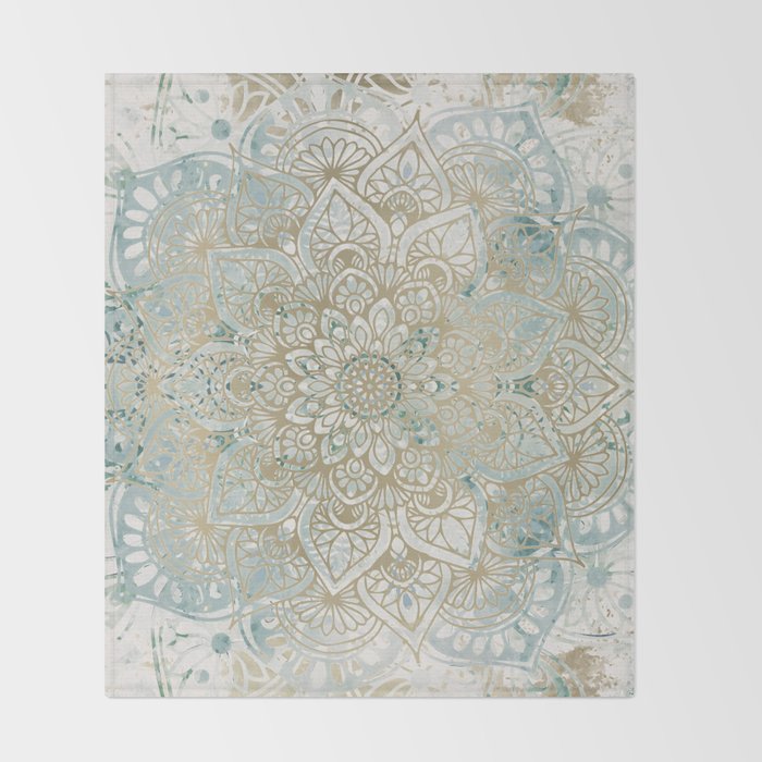 Mandala Flower, Teal and Gold, Floral Prints Throw Blanket Gallery Image 2