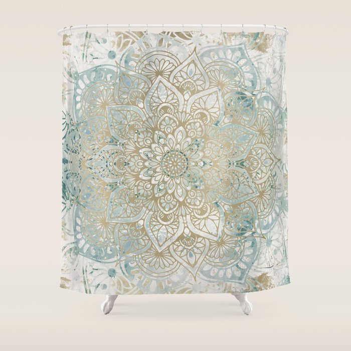 Mandala Flower, Teal and Gold, Floral Prints Shower Curtain Gallery Image 1
