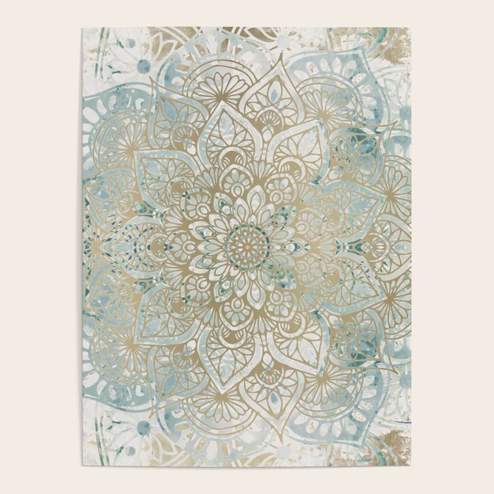 Mandala Flower, Teal and Gold, Floral Prints Poster Gallery Image 1