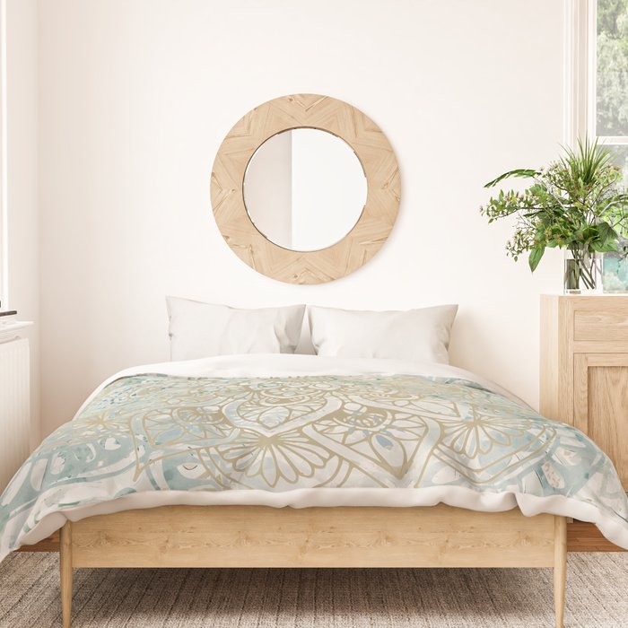 Mandala Flower, Teal and Gold, Floral Prints Duvet Cover Gallery Image 3