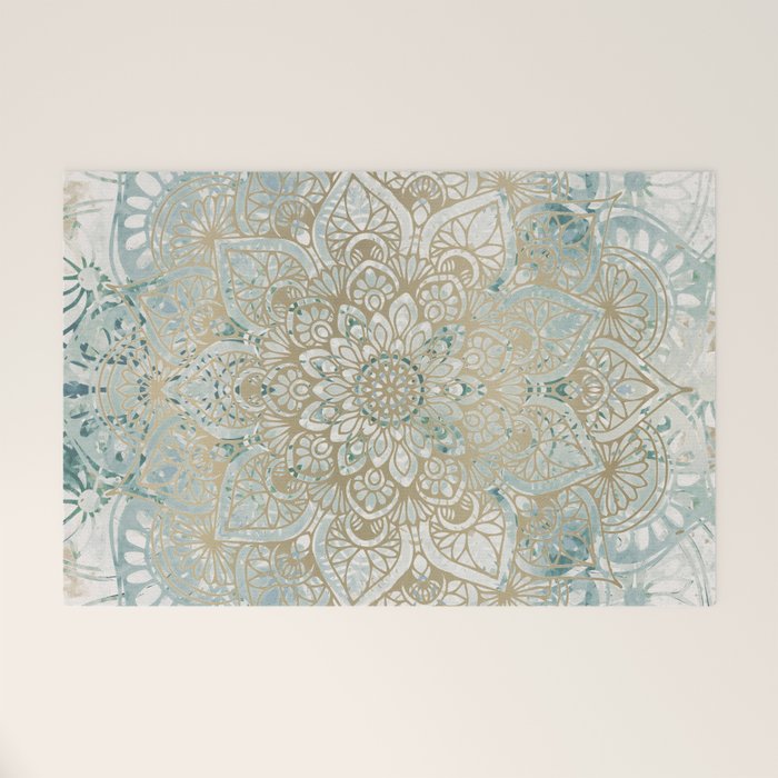 Mandala Flower, Teal and Gold, Floral Prints Welcome Mat Gallery Image 1