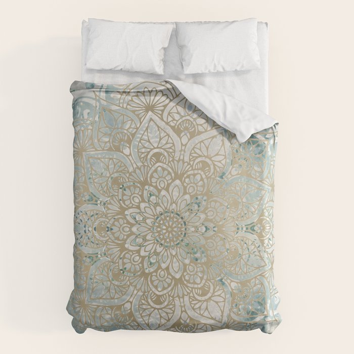 Mandala Flower, Teal and Gold, Floral Prints Duvet Cover Gallery Image 1
