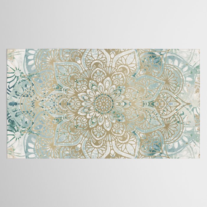 Mandala Flower, Teal and Gold, Floral Prints Tablecloth Gallery Image 2