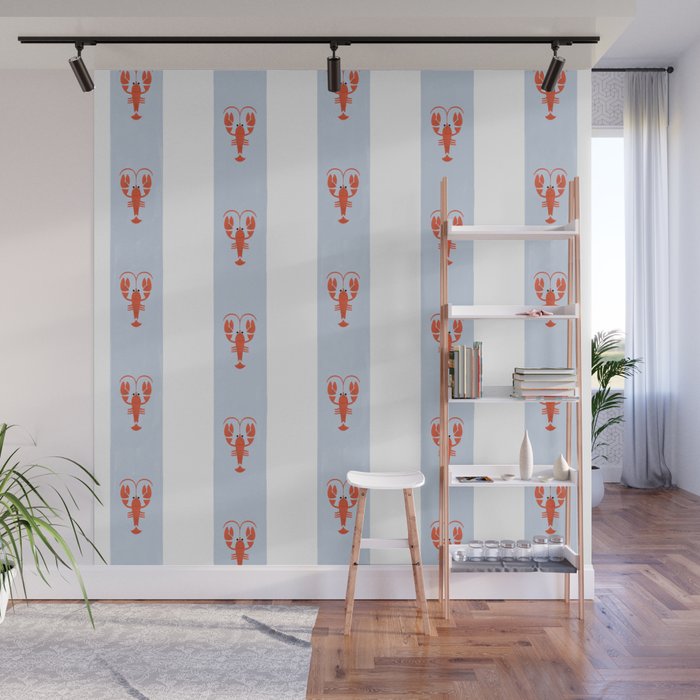 Red Lobsters On Hand-Painted Blue Stripes Wall Mural Gallery Image 1