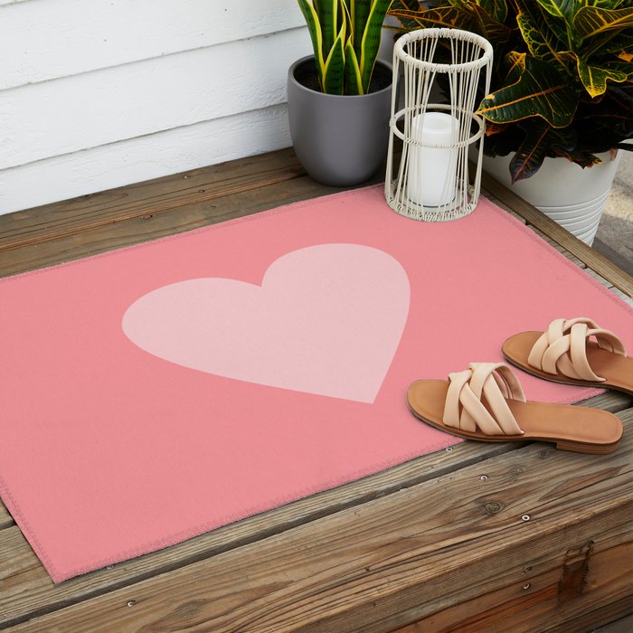 Cute Blush Pink Heart Minimal Pastel Outdoor Rug Gallery Image 2