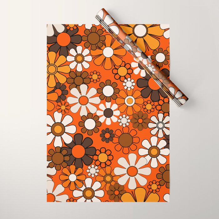 Retro 70s Floral Pattern Groovy Garden Flowers in Orange and Brown Wrapping Paper Gallery Image 1