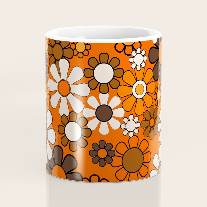 Retro 70s Floral Pattern Groovy Garden Flowers in Orange and Brown Coffee Mug Gallery Image 4
