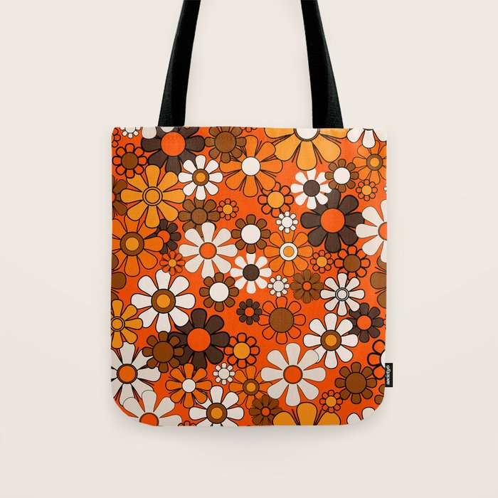 Retro 70s Floral Pattern Groovy Garden Flowers in Orange and Brown Tote Bag Gallery Image 1