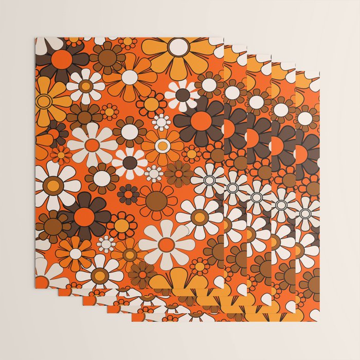 Retro 70s Floral Pattern Groovy Garden Flowers in Orange and Brown Wrapping Paper Gallery Image 3
