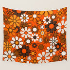 Retro 70s Floral Pattern Groovy Garden Flowers in Orange and Brown Wall Tapestry Gallery Image 4