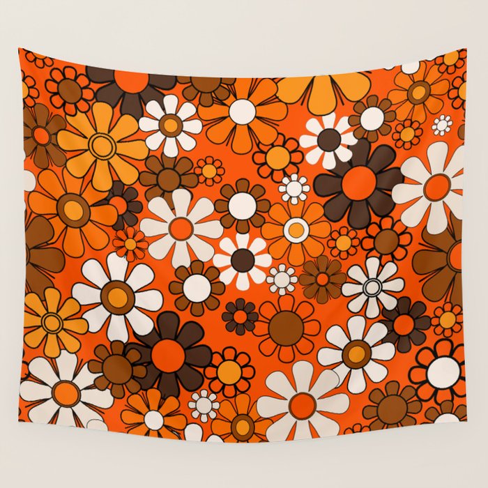Retro 70s Floral Pattern Groovy Garden Flowers in Orange and Brown Wall Tapestry Gallery Image 4