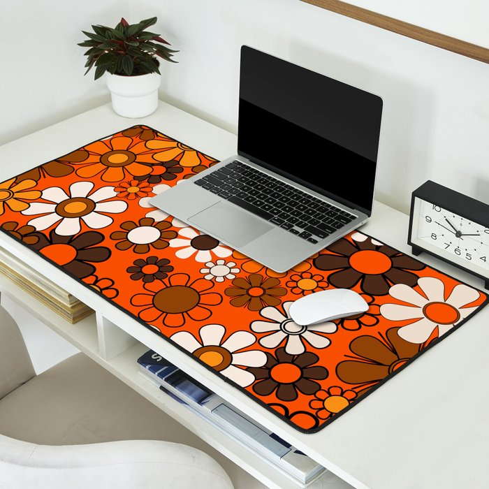 Retro 70s Floral Pattern Groovy Garden Flowers in Orange and Brown Desk Mat Gallery Image 2