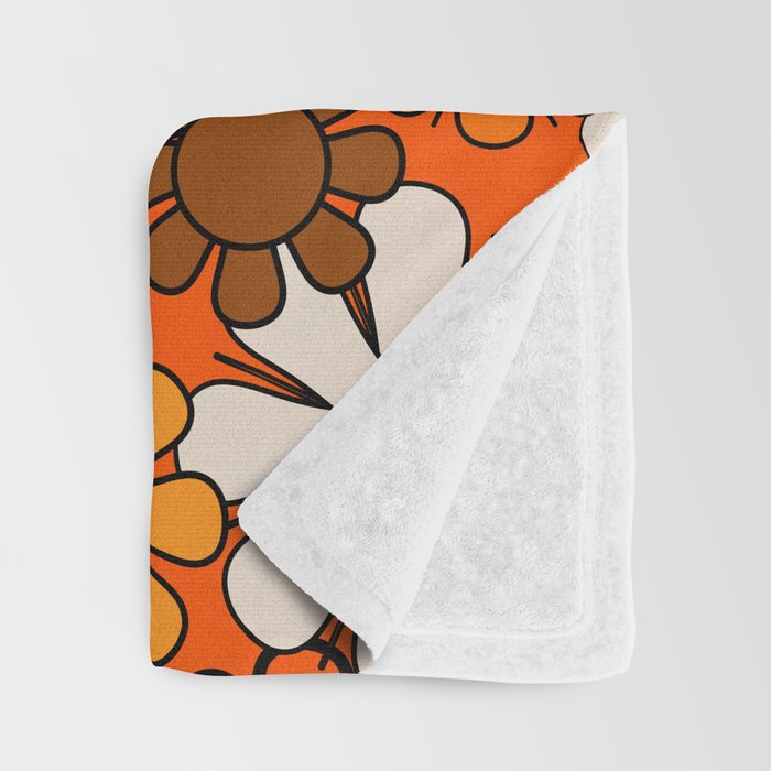 Retro 70s Floral Pattern Groovy Garden Flowers in Orange and Brown Throw Blanket Gallery Image 3