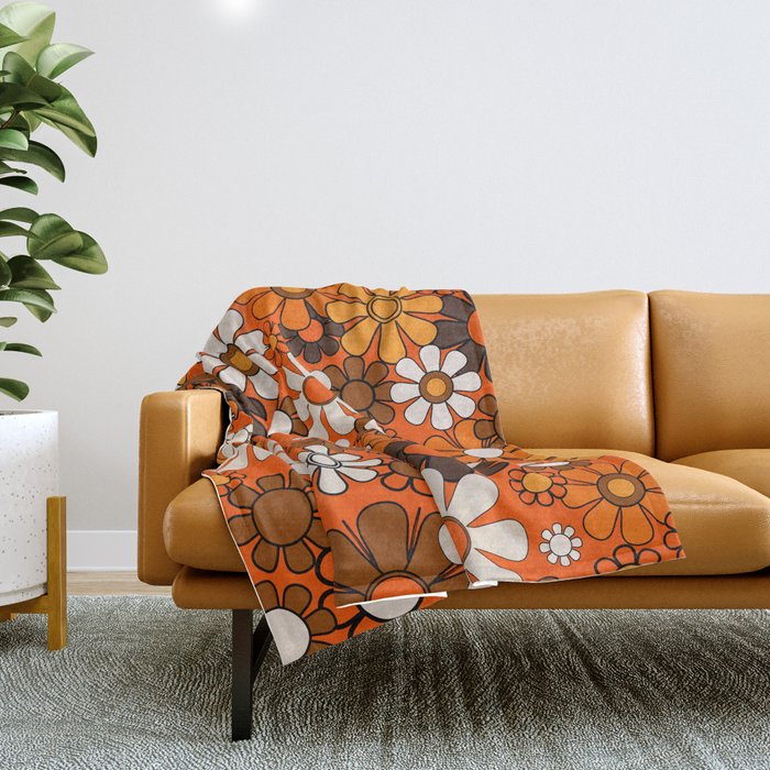 Retro 70s Floral Pattern Groovy Garden Flowers in Orange and Brown Throw Blanket Gallery Image 1