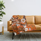 Retro 70s Floral Pattern Groovy Garden Flowers in Orange and Brown Throw Blanket Gallery Image 1