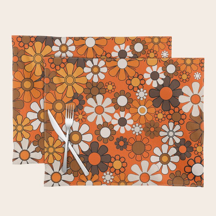 Retro 70s Floral Pattern Groovy Garden Flowers in Orange and Brown Placemat Gallery Image 1