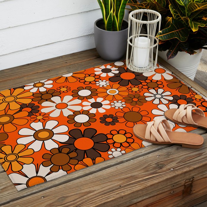Retro 70s Floral Pattern Groovy Garden Flowers in Orange and Brown Outdoor Rug Gallery Image 2