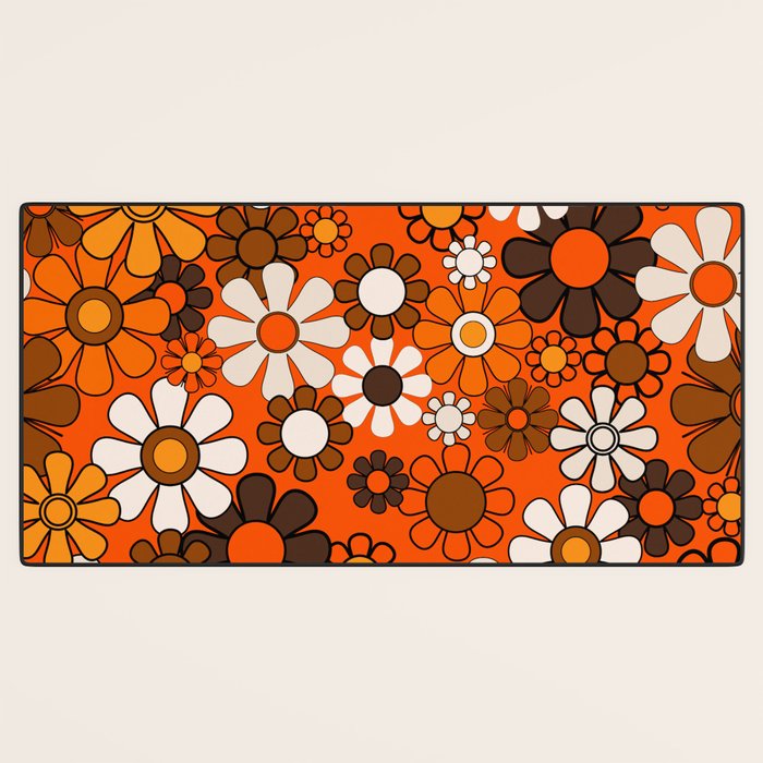 Retro 70s Floral Pattern Groovy Garden Flowers in Orange and Brown Desk Mat Gallery Image 3