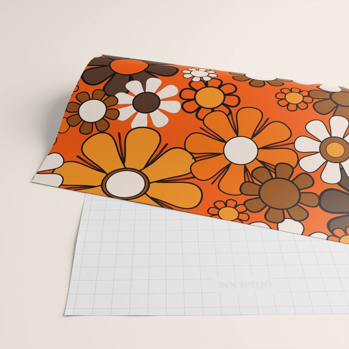 Retro 70s Floral Pattern Groovy Garden Flowers in Orange and Brown Wrapping Paper Gallery Image 2