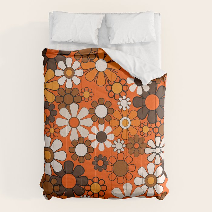Retro 70s Floral Pattern Groovy Garden Flowers in Orange and Brown Comforter Gallery Image 6