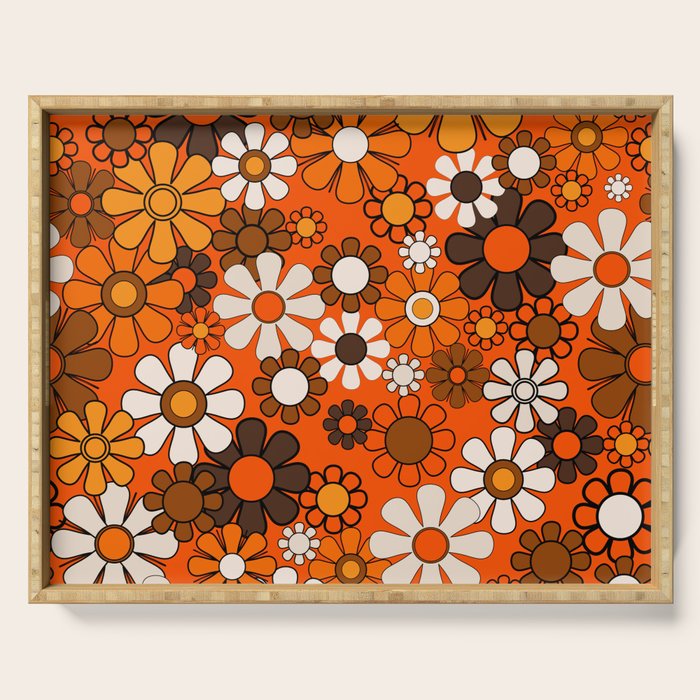 Retro 70s Floral Pattern Groovy Garden Flowers in Orange and Brown Serving Tray Gallery Image 1