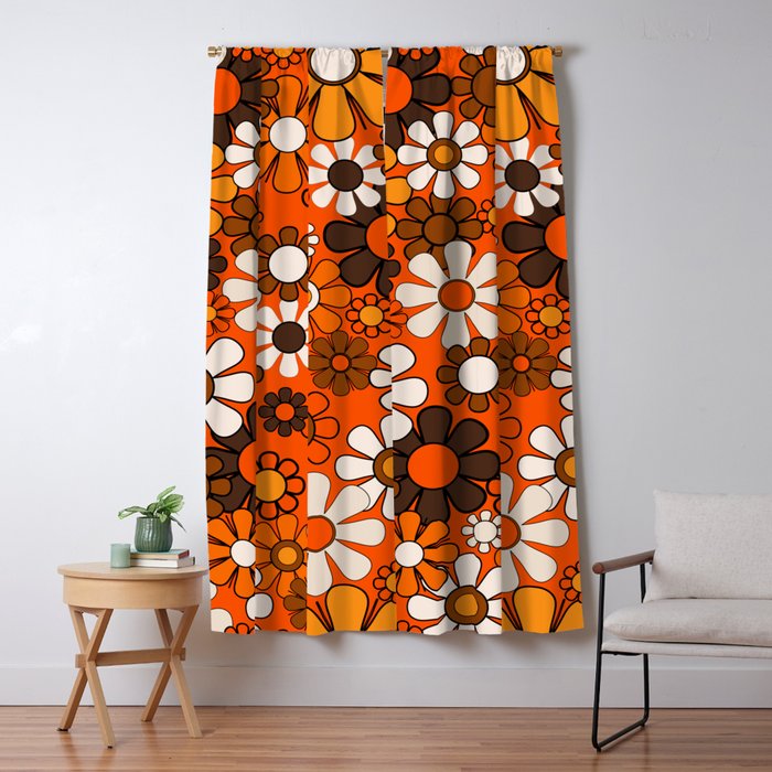 Retro 70s Floral Pattern Groovy Garden Flowers in Orange and Brown Window Curtain Gallery Image 1