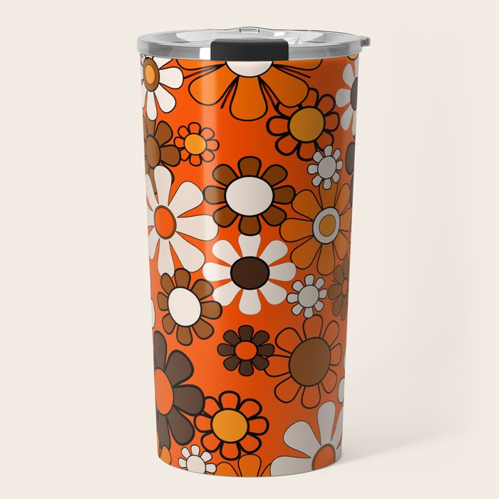 Retro 70s Floral Pattern Groovy Garden Flowers in Orange and Brown Travel Mug Gallery Image 1