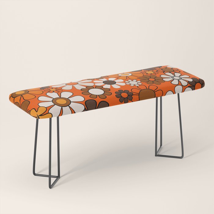 Retro 70s Floral Pattern Groovy Garden Flowers in Orange and Brown Bench Gallery Image 1