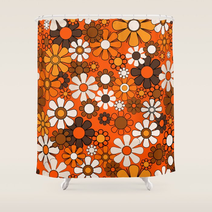 Retro 70s Floral Pattern Groovy Garden Flowers in Orange and Brown Shower Curtain Gallery Image 1