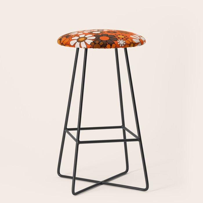 Retro 70s Floral Pattern Groovy Garden Flowers in Orange and Brown Stool Gallery Image 1