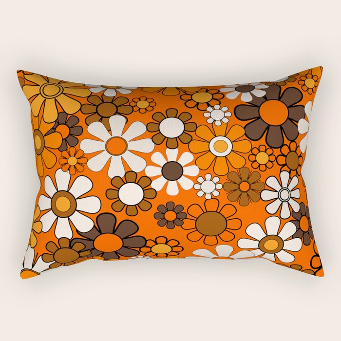 Retro 70s Floral Pattern Groovy Garden Flowers in Orange and Brown Rectangular Pillow Gallery Image 1