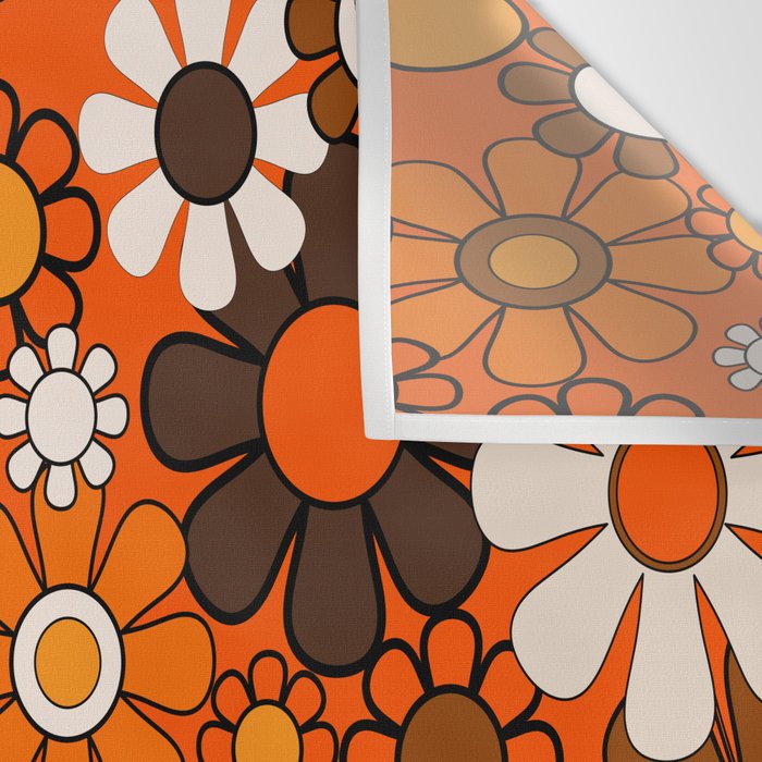 Retro 70s Floral Pattern Groovy Garden Flowers in Orange and Brown Wall Tapestry Gallery Image 3