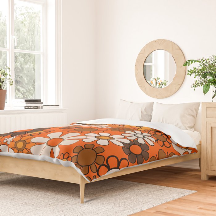 Retro 70s Floral Pattern Groovy Garden Flowers in Orange and Brown Duvet Cover Gallery Image 2