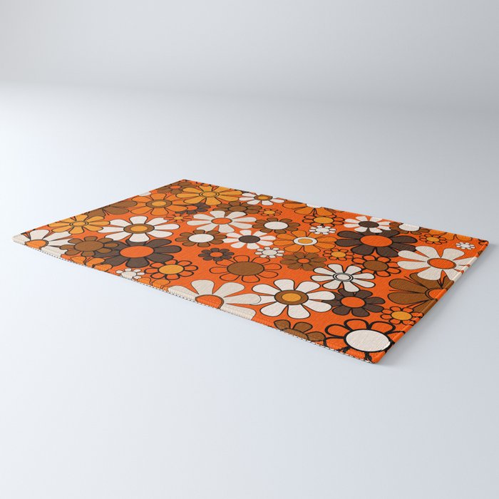 Retro 70s Floral Pattern Groovy Garden Flowers in Orange and Brown Rug Gallery Image 3