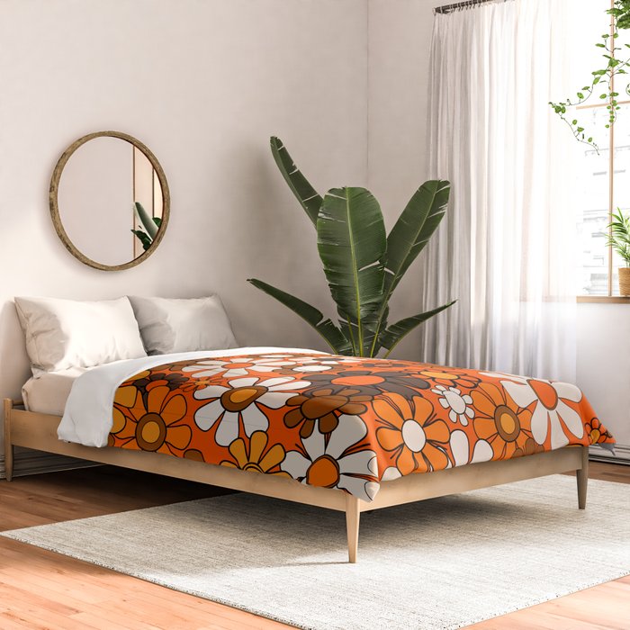 Retro 70s Floral Pattern Groovy Garden Flowers in Orange and Brown Comforter Gallery Image 2