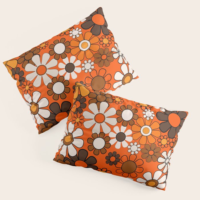Retro 70s Floral Pattern Groovy Garden Flowers in Orange and Brown Pillow Sham Gallery Image 1