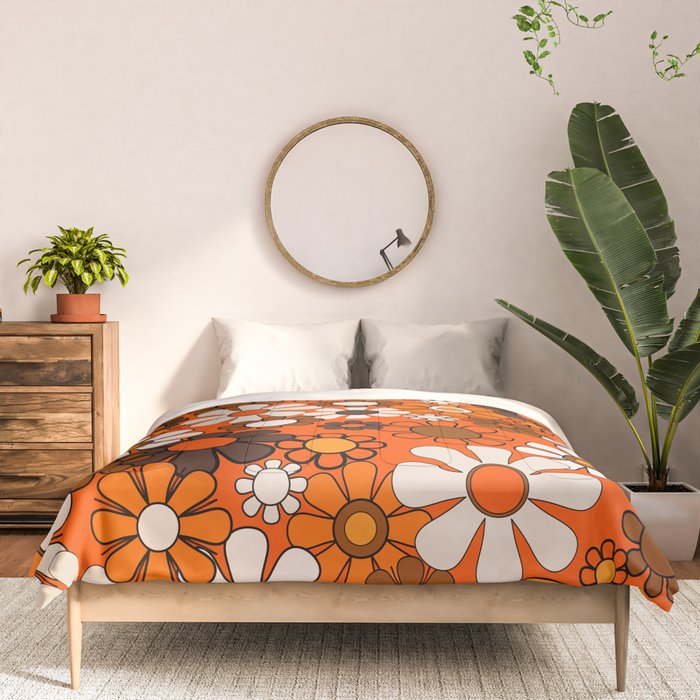 Retro 70s Floral Pattern Groovy Garden Flowers in Orange and Brown Comforter Gallery Image 3