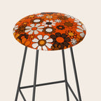 Retro 70s Floral Pattern Groovy Garden Flowers in Orange and Brown Stool Gallery Image 2