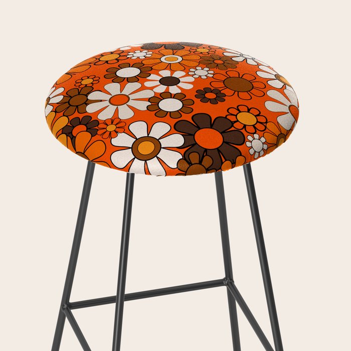 Retro 70s Floral Pattern Groovy Garden Flowers in Orange and Brown Stool Gallery Image 2