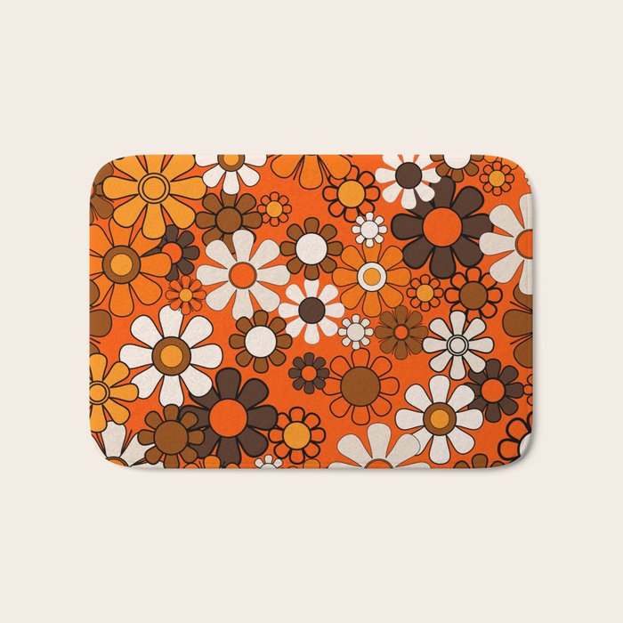 Retro 70s Floral Pattern Groovy Garden Flowers in Orange and Brown Bath Mat Gallery Image 1