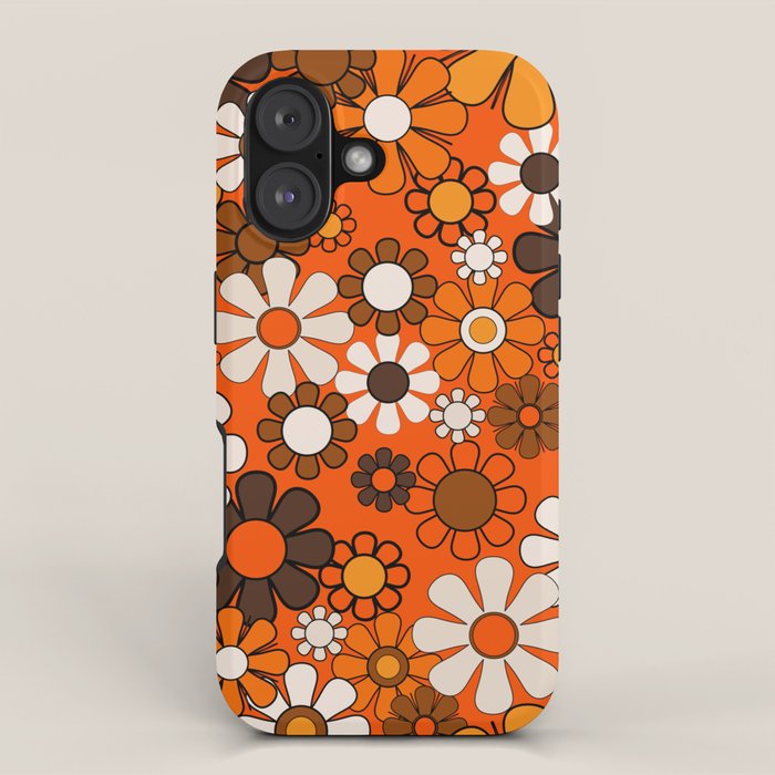 Retro 70s Floral Pattern Groovy Garden Flowers in Orange and Brown iPhone Case Gallery Image 1