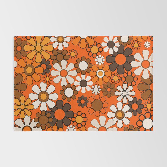 Retro 70s Floral Pattern Groovy Garden Flowers in Orange and Brown Rug Gallery Image 2