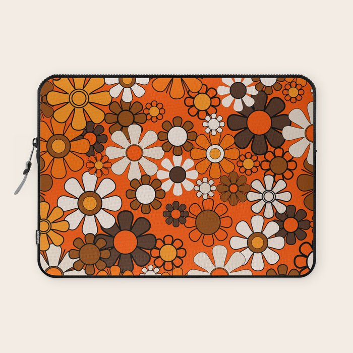 Retro 70s Floral Pattern Groovy Garden Flowers in Orange and Brown Laptop Sleeve Gallery Image 1