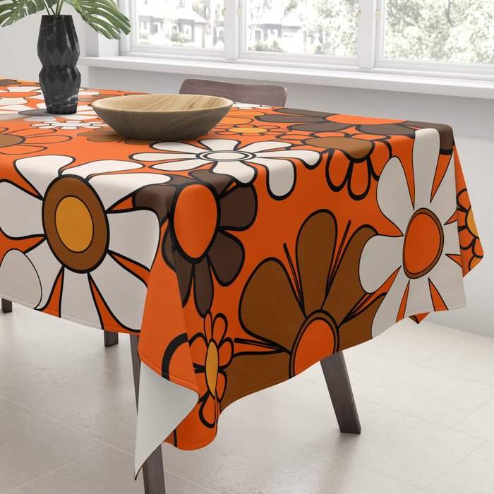 Retro 70s Floral Pattern Groovy Garden Flowers in Orange and Brown Tablecloth Gallery Image 3