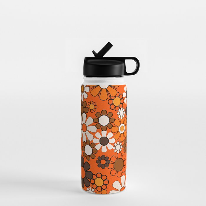 Retro 70s Floral Pattern Groovy Garden Flowers in Orange and Brown Water Bottle Gallery Image 1