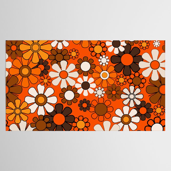 Retro 70s Floral Pattern Groovy Garden Flowers in Orange and Brown Tablecloth Gallery Image 2
